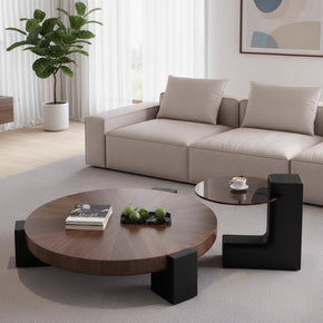 Table basse en placage bois avec module latéral emboîtable