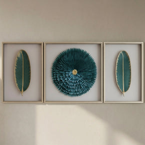 Sculpture murale en plumes et feuilles turquoise Tableu