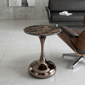 Table d’Appoint Ronde en Marbre Brun avec Base Métallique Bronze