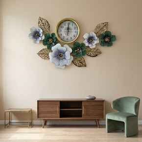 Horloge Murale en Fer avec Fleurs Colorées et Feuilles Dorées