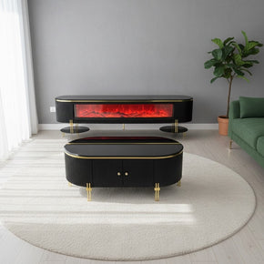 Ensemble meuble TV avec cheminée électrique moderne noire et dorée et table basse assortie