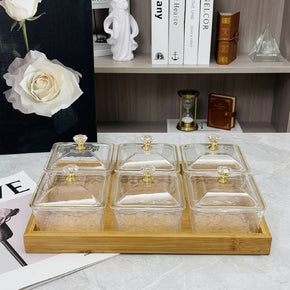 Set de 6 Contenants Carrés en Verre avec Plateau en Bois