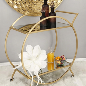 Chariot bar élégant doré avec roulettes - Étagères en verre trempé