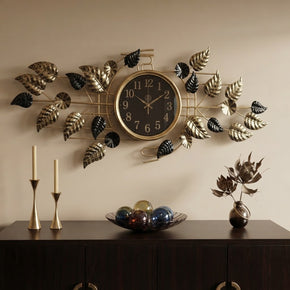 Horloge Murale Design Feuilles Dorées et Noires – Décoration Murale Contemporaine