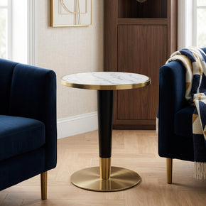 Table d’Appoint Ronde en Marbre Blanc avec Pied Noir et Doré