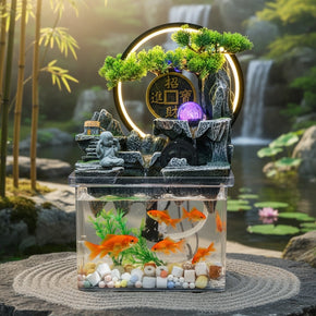 Fontaine avec Bouddha et aquarium