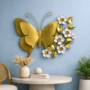 Décoration Murale Papillon Doré avec Fleurs en Métal