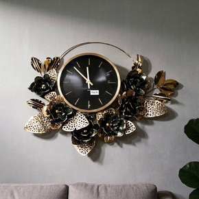 Horloge Murale en Fer avec Motifs Floraux Dorés et Verts