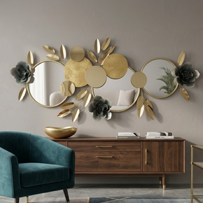 Décoration Murale avec 2 Miroirs Dorés et Fleurs Grises
