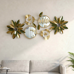 Décoration Murale en Fer avec Miroirs et Fleurs Dorées