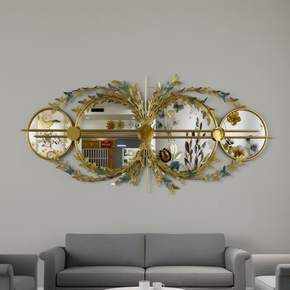 Décoration Murale en Fer avec Miroirs et Feuilles Dorées
