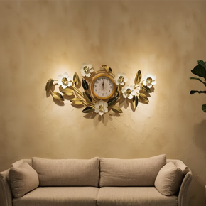 Horloge Murale en Fer avec Fleurs et Feuilles Dorées