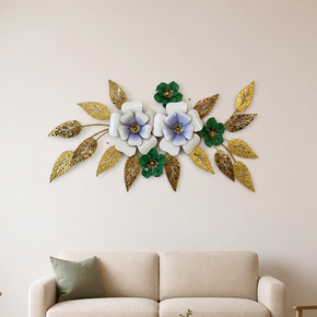 Décoration Murale Florale Bleu Blanc et Vert en Métal Doré