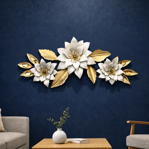 Décoration Murale Florale en Métal Blanc et Doré