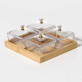 Set de 4 Contenants Carrés en Verre avec Plateau en Bois
