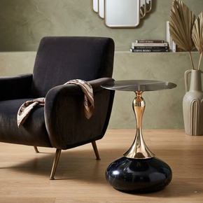 Table d’Appoint Ronde avec Pied Doré et Base Noire