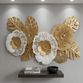 Décoration Murale Florale en Fer Doré et Blanc