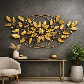 Décoration Murale Dorée aux Feuilles et Fleurs en Métal
