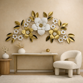 Décoration Murale Florale en Métal Blanc et Doré