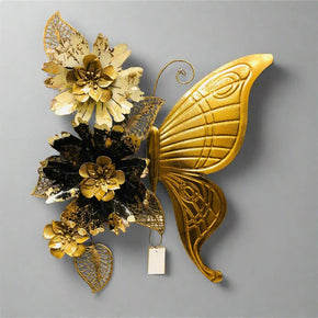 Décoration Murale Papillon en Fer Doré avec Fleurs
