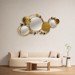 Décoration Murale en Fer avec Cercles Dorés et Miroirs