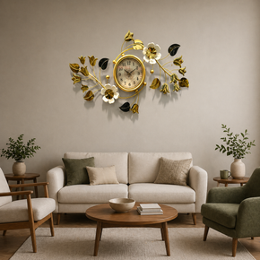 Horloge Murale Design Floral Doré et Noir – Décoration Murale Luxe