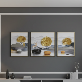 Art paysager 3D avec arbre doré et cerf