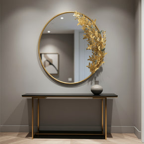Miroir Rond avec Cadre Doré et Feuilles Ornementales