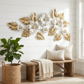 Décoration Murale Artistique en Métal : Fleurs Élégantes et Dorures