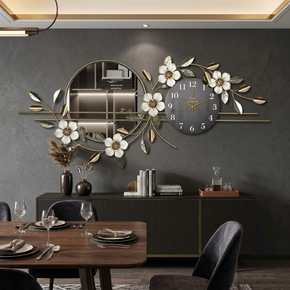 Pièce Maîtresse Murale : Horloge et Miroir Design, Finitions Or et Blanc