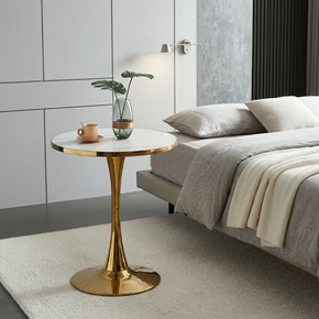 Table d'Appoint Ronde Style Luxe – Plateau Marbre Blanc et Socle Doré