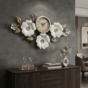 Horloge murale design style nature – Cadran Classique et Pétales Or & Blanc
