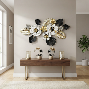 Décoration Murale en Métal Floral Noir, Blanc et Or