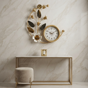 Horloge Murale Design Croissant Doré – Élégance Florale et Contemporaine