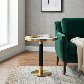 Table Basse Ronde Style Luxueux - Plateau Marbre Blanc et Finitions Dorées