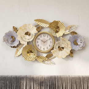 Horloge Murale Design Floral en Métal Doré – Décoration Murale Luxe