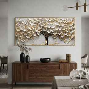 Tableau Moderne Arbre Fleuri Blanc et Doré - Peinture à l'Huile Texturée