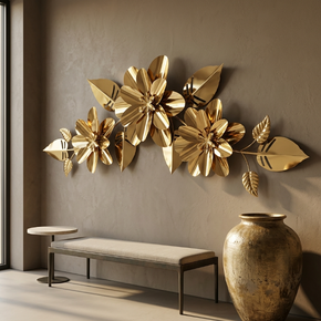 Décoration Murale de Luxe : Grande Sculpture Florale en Métal Or