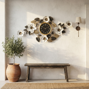 Grande Horloge Murale Moderne Feuilles et Fleurs – Décoration d'Intérieur Luxueuse
