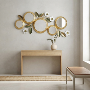Miroir Art Déco à 5 Cercles et Motifs Floraux en Métal Doré