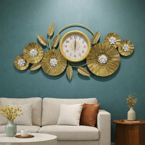 Horloge Murale Fleurie Dorée à Effet Soleil