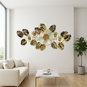 Décoration Murale en Métal Doré – Sculpture de Fleurs et Feuilles