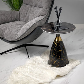 Table d’Appoint Ronde en Marbre Noir avec Base Conique Dorée
