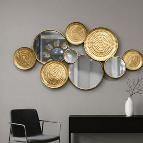 Décoration Murale en Fer avec Cercles Dorés et Miroirs