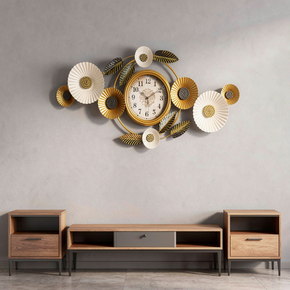 Horloge Murale Design Floral Doré et Blanc