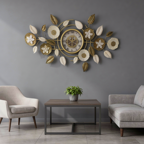Horloge Murale Panoramique Métal Doré & Blanc Motif Végétal – Pièce Maîtresse Élégante