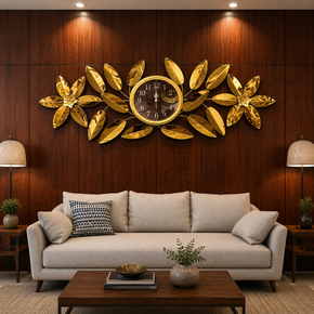 Horloge Murale en Fer avec Feuilles et Fleurs Dorées